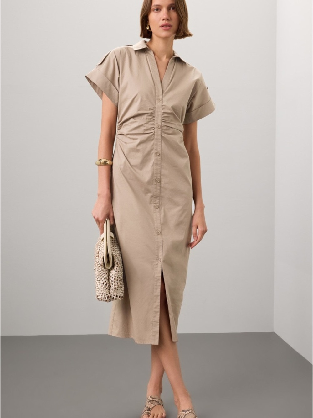 Ruched Beige Midi Shirt Dress